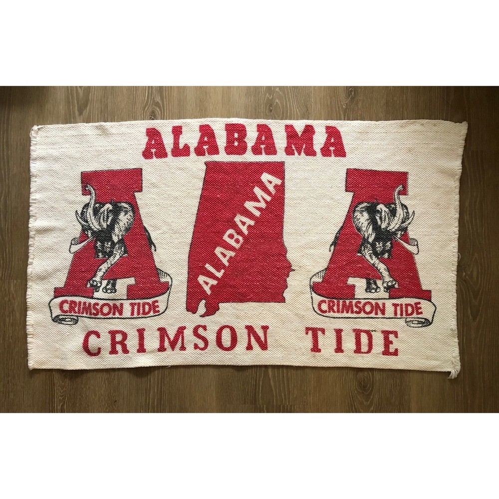 VINTAGE ALABAMA CRIMSON TIDE RUG MAT 42"x24" White W/Red Writing Dorm Decor